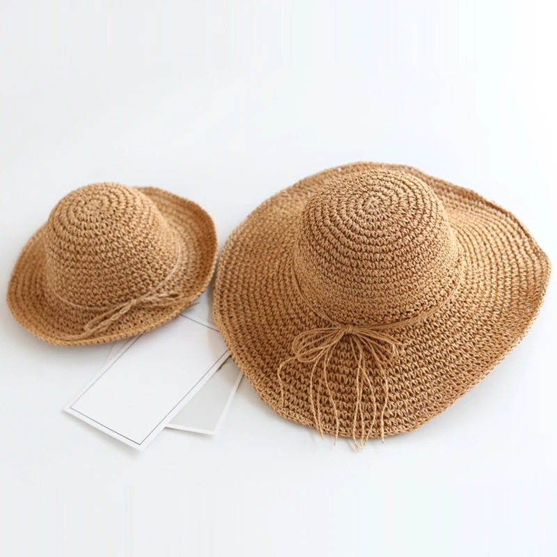New Girls Hand Made Sun Hat Kids Summer Raffia Straw Hat Big Brim Beach Cap Foldable Breathable Summer Parent-child