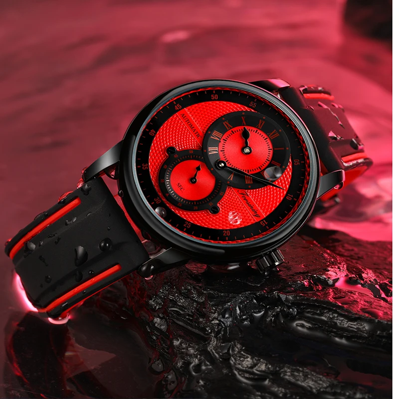 Forsining Orologio da polso automatico da uomo di lusso bianco blu Orologio meccanico impermeabile trasparente Orologio sportivo da uomo con cinturino in silicone_voghion.com