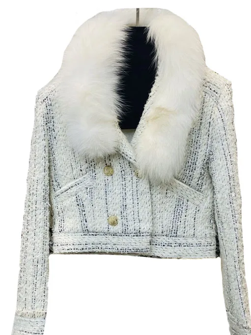 

Down jacket fur collar short tweed fabric loose fit double-breasted design warm and cozy 2023 winter new 1116