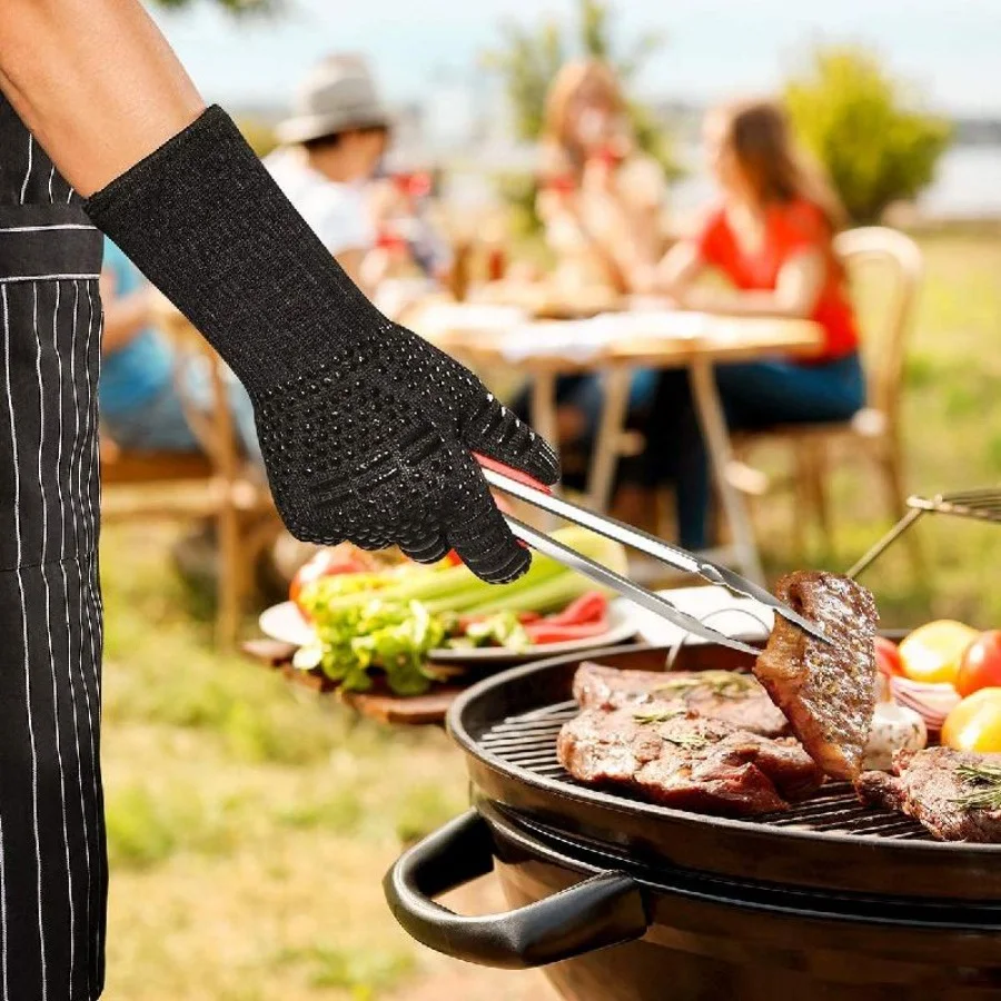 Gants De Barbecue Résistants à La Chaleur (jusqu'à 800°C) - En Aramide Et Silicone - Taille Unique, Manchettes Longues - Pour Four, Grill, Cuisine - 9