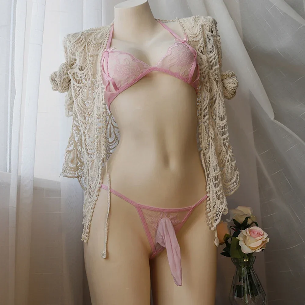 HSQSMWJ Gay Sissy Lingerie Uomo Crossdresser Pizzo Floreale Completi Intimi Erotico Pigiama Underwear (Color:White,Size:XXL - Foto 4