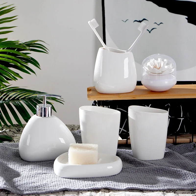 White Ceramic Bathroom Accessories Set Toothbrush Holder Soap Dispenser Wedding Gift Melamine tray Toothpick Holder Cotton Swab