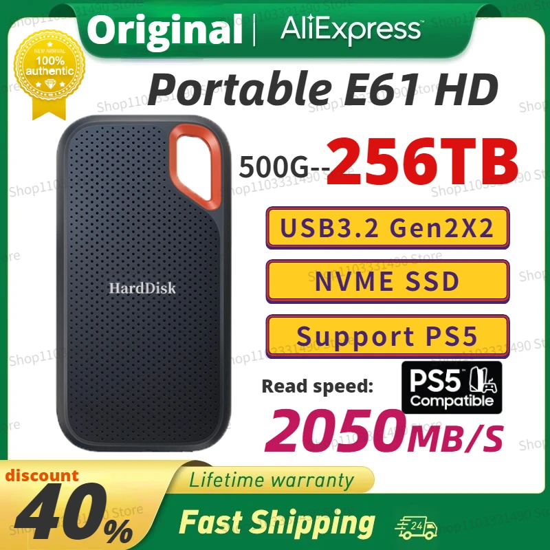 

2024 SSD E61 2TB 1TB 256TB USB 3.2 Type-A/C Portable External Solid State Drive NVME Hard Disk Original Small Portable for PS5