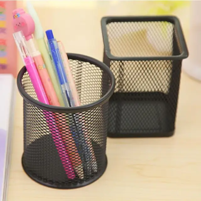 Square circular Pen Holder Metal desktop sundry receptacle Korean creative stationery plastic spray rust-proof mesh pen holder