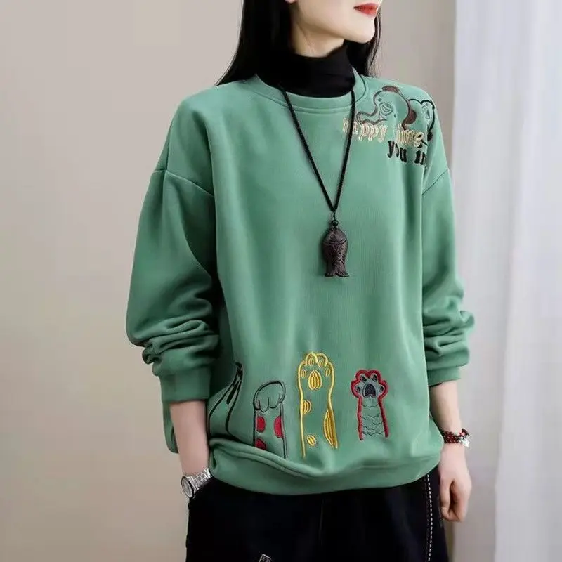 Fashion Loose Cartoon Embroidery Sweatshirts Autumn Winter Casual All-match Round Neck Long Sleeve Pullovers Women's Clothing