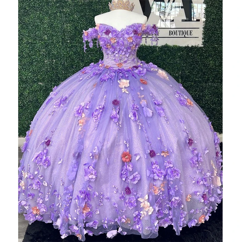 

Lavender Princess 3D Flowers Sweetheart Quinceanera Dresses Luxury Crystal Pearls Vestidos De 15 Años Corset Dress For 16 Years