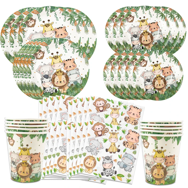 

Jungle Animals Paper Plates Cups Tablecloth Disposable Tableware Set Birthday Party Decor Safari Kids Baby Shower Party Supplies