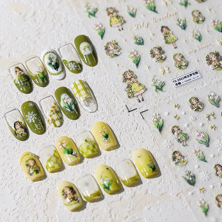 Lovely Lily of The Valley Girls Cartoon 5D Embossed Reliefs Self Adhesive Nail Art Stickers Cute 3D Manicure Decals