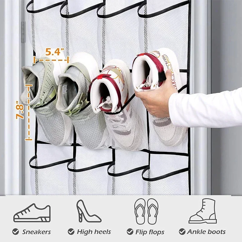 Description Picture 5 of item12/14 Pockets Over the Door Shoe Organizer Large Mesh Pockets With 4 Hooks Transparent Fabric Shoe Rack Storage Bag For Bedroom