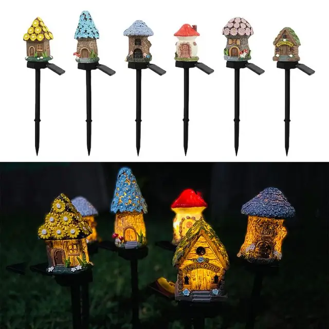 Napelemes Kültéri Lámpák Dekoratív Gyanta Tündér Ház Szobor Vízálló Napenergia Tét Dekorációval, Automatikus Fényérzékelővel