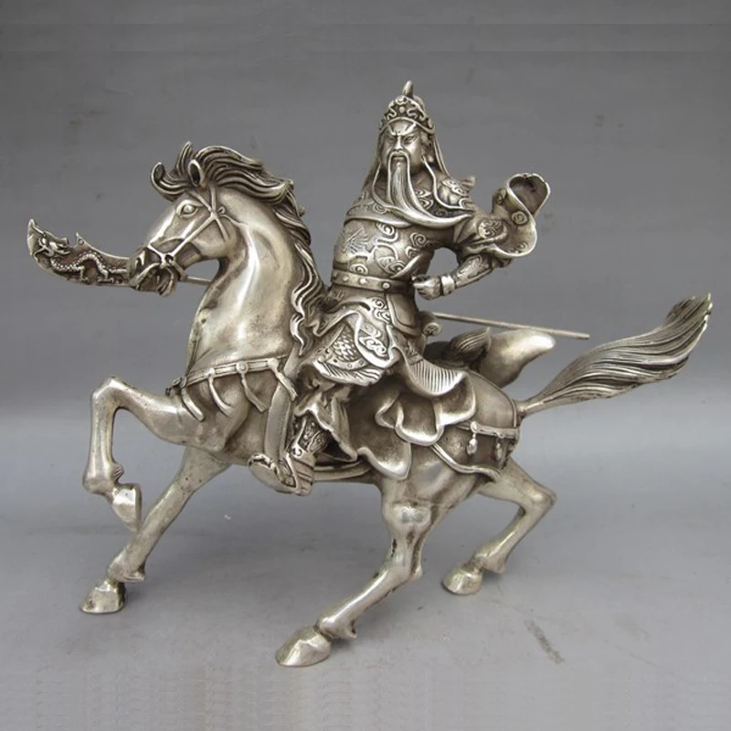 

Elaborate Chinese Characteristics handmade Tibetan silver statue of warrior god Guan Yu Riding
