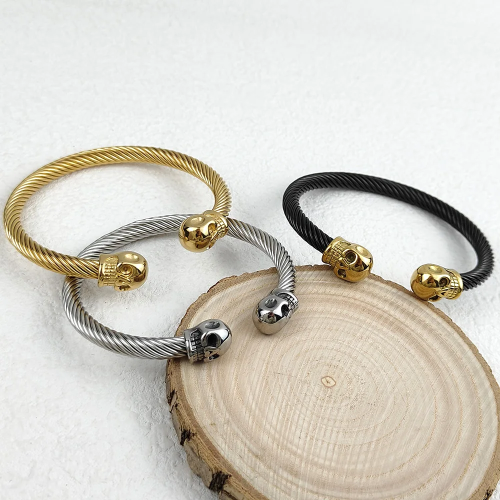 Stainless Steel Soldier Punk Style Men High Quality Double Skull Filigree Bracelet Bangle Stainless Steel Men Jewelry