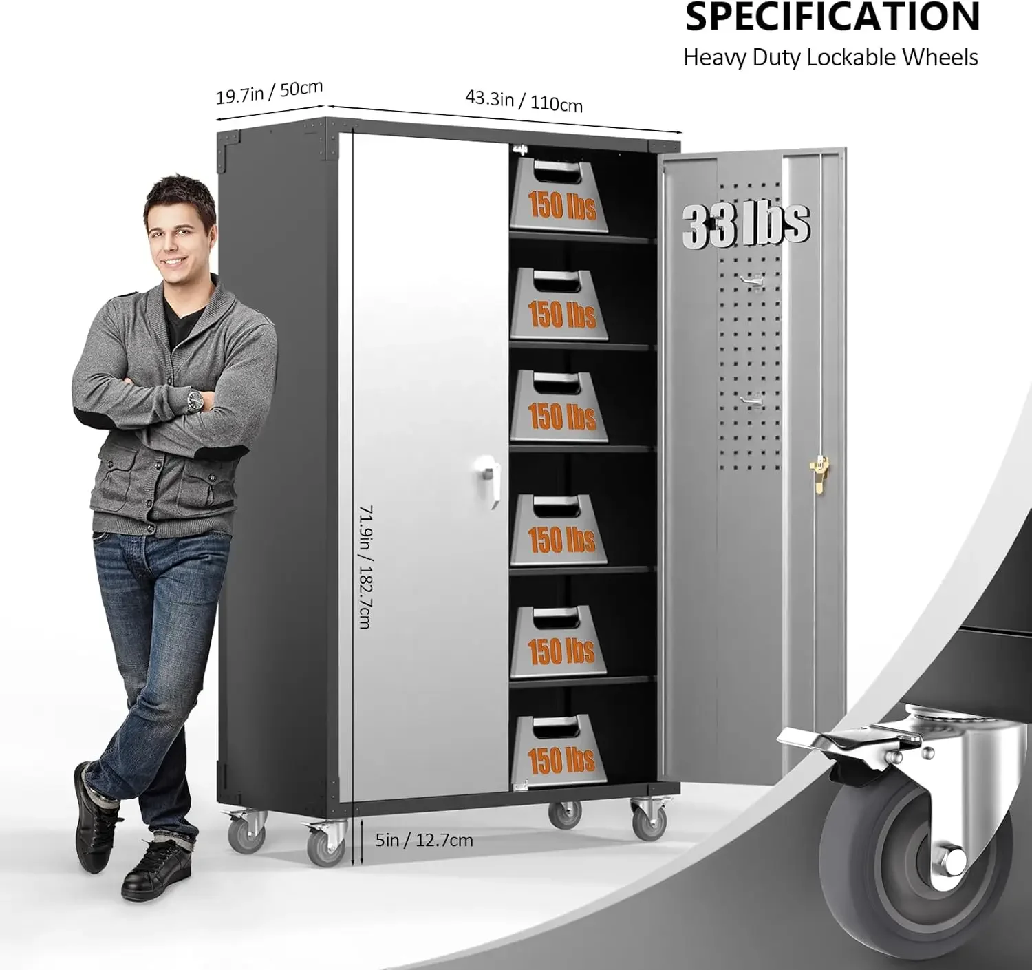 Upgraded Wide & Deep Garage Storage Cabinet Metal Storage Cabinet with Pegboards Wheels Locking Doors and Adjustable Shelves