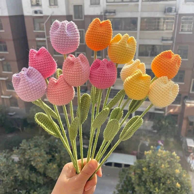 1pc Tulip Crochet Flowers Artificial Woven Flowers Handmade Tulipanes Wedding Gift for Guest Home Decoration Valentine's Gift 2