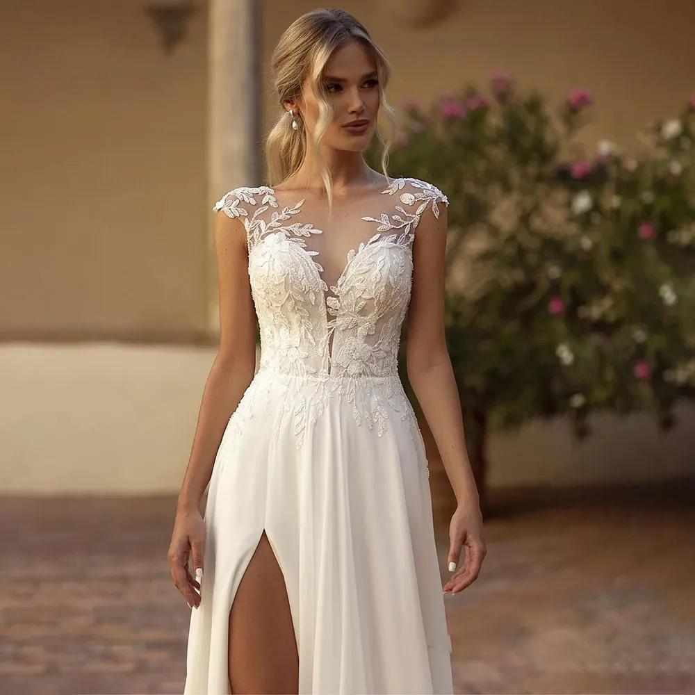 

Haohao Boho Lace Wedding Dress 2023 Chiffon O-Neck Illusion Back Beach Side Split Applique Bridal Party Gown Vestidos De Novia