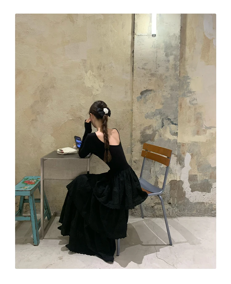 Autumn New Cake Midi Dresses for Women Solid Long Sleeve U-neck Backless A-line Korean Fashion Casual One Piece Vestidos Mujer