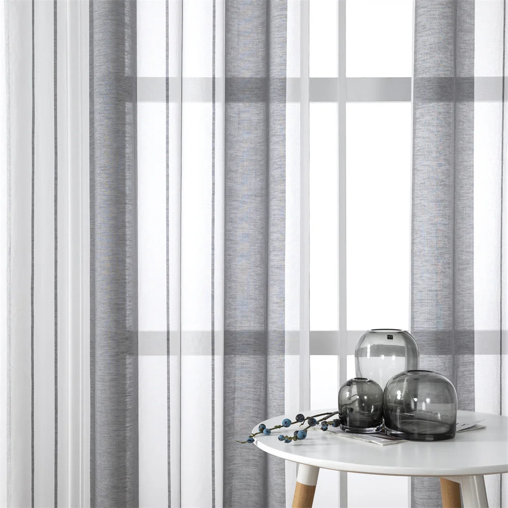 LISM Modern Living Room Modern Voile Curtains Gray Stripes Window Decor Bedroom Girl Kitchen Bay Window Treatment Blinds Drapes