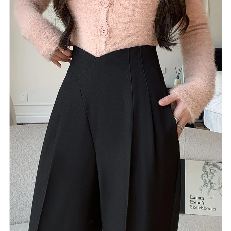 Women Korean Fashion High Waist Pleated Harem Suit Pants Office Lady Elegant Pockets Trousers Casual Solid Loose Pantalones 2024