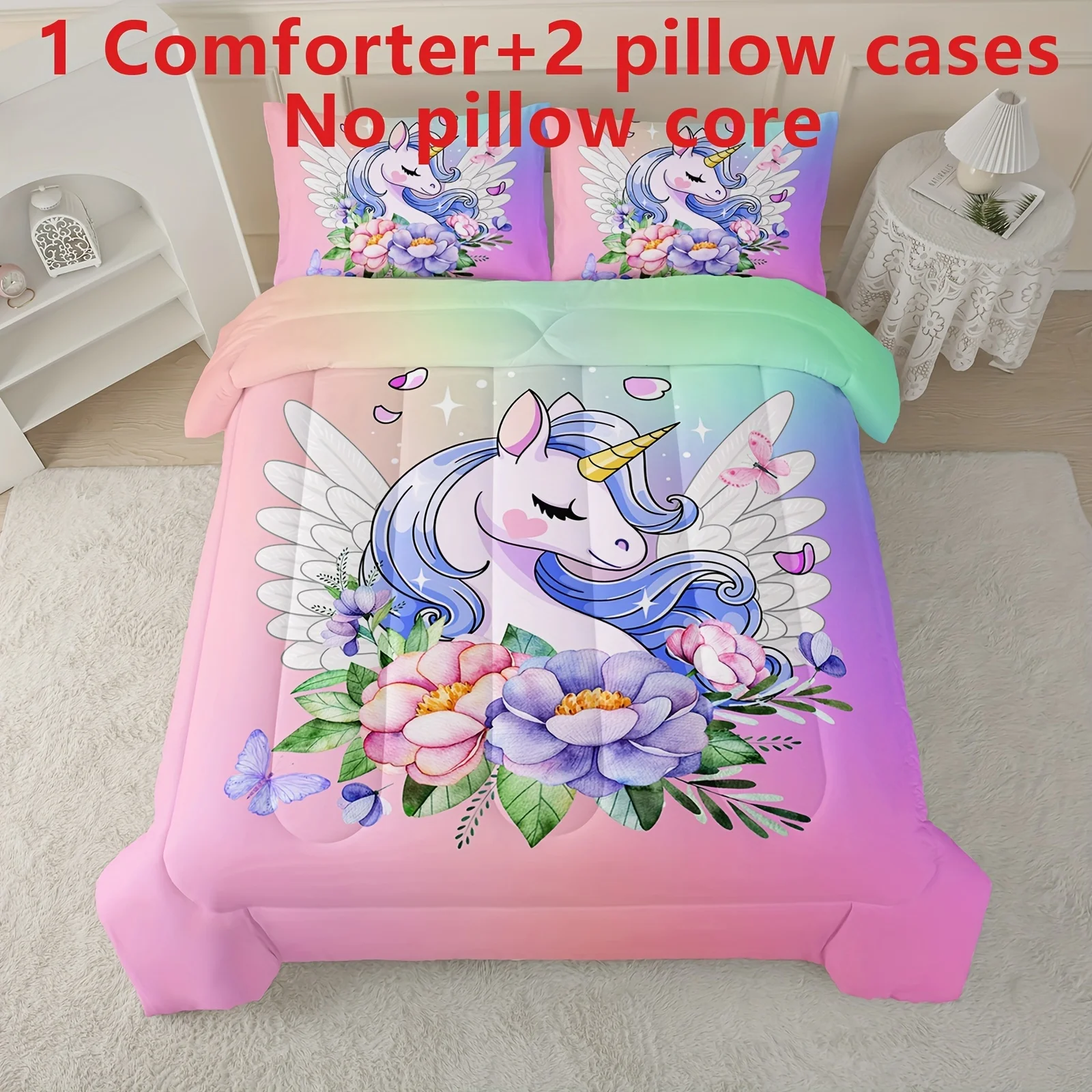 

3pcs Cartoon Unicorn Comforter Set (1*Comforter + 2*Pillowcase, Without Core), Floral Unicorn Print All Season Bedding Set, Soft