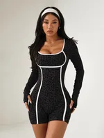 Sexy Leopard Print Sports Fitness Overalls Women Long Sleeve One Piece Bodysuit Female Yoga GYM Short Jumpsuit Black Streetwear - Image 3