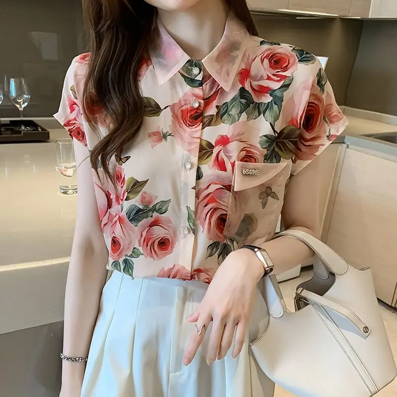 Korean Elegant Female Mesh Polo-Neck Printed Shirt Summer 2023 Temperament Fashion Short Sleeve Floral Blouse Women's Clothing