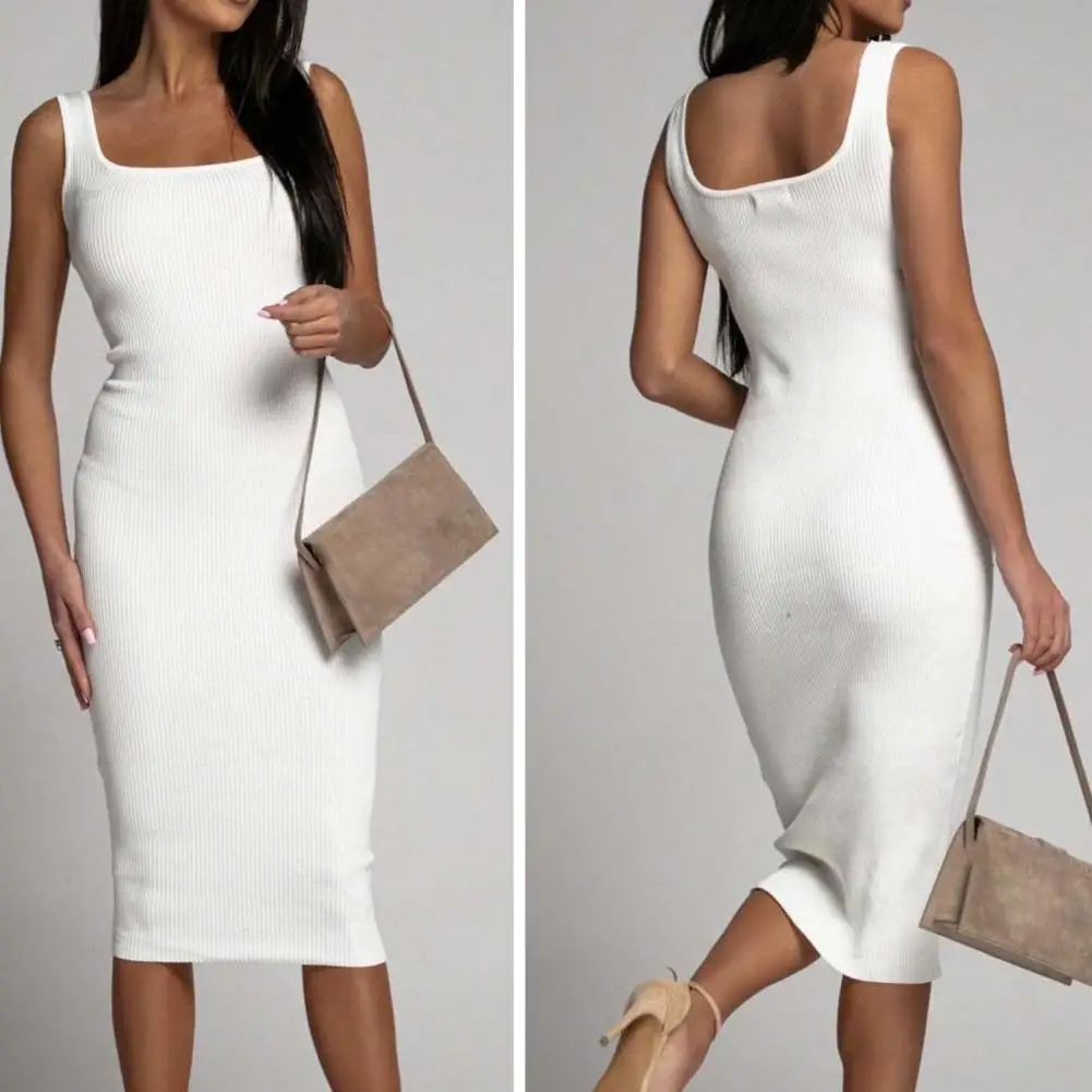 

Women Sheath Dress Square Neck Solid Color Bodycon Sleeveless Elastic Summer Dress Dating Dress Women Vestidos Party Dress