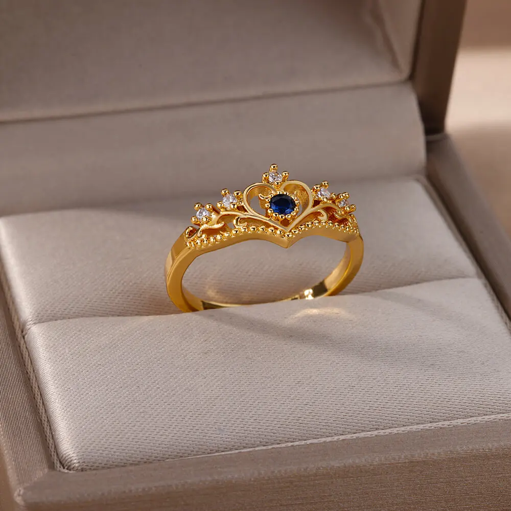 Blue Zircon Crown Rings For Women Stainless Steel Adjustable Ring