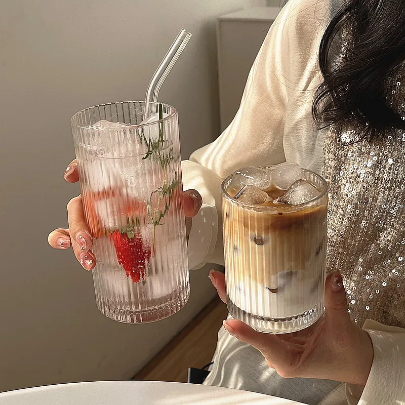 4/2Pcs Vertical Striped Glass Cup Ice Coffee Mug Japanese Retro Embossed  Transparent Water Juice Drink Beer Stackable Glassware