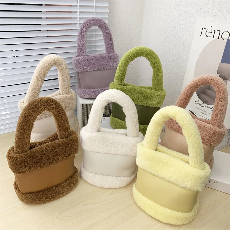 

Candy Color Women's Plush Bucket Bags Luxury Faux Lamb Wool Ladies Shoulder Bag Female Portable Small Tote Purse Handbags