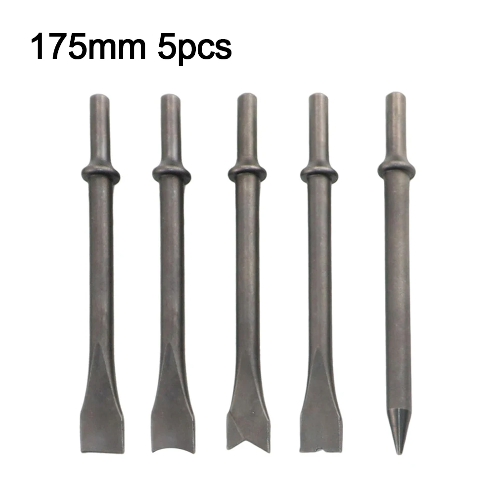 

5pcs 175mm Round Handle Shovel Tip Set Pointed Flat V-Type Flat Notch Crescent Shaped Air Hammer Chisel Set