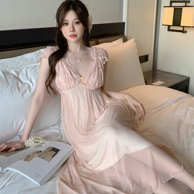 

Летнее сексуальное Сетчатое Ночное платье, Женская милая кружевная ночная рубашка с V-образным вырезом и коротким рукавом, Милая Ночная рубашка, сказочная принцесса, одежда для сна