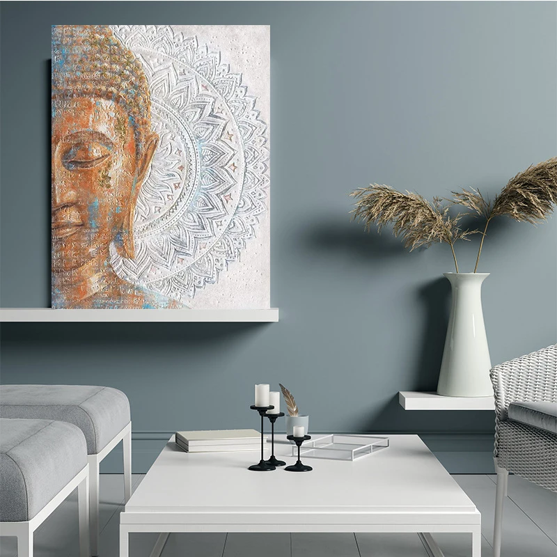 Gold Buddha Head Zen Wall Art Canvas Painting Abstract Mandala Flower Boho Picture Print Minimalist Yoga Home Decoration