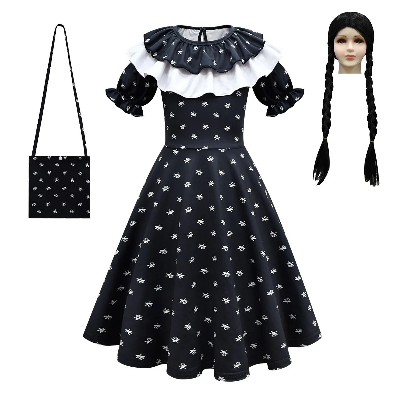 

Carnival Kids Cosplay Party Wednesday Addams Family Dress Costumes Wigs Halloween Black Dress Outfits for Girls