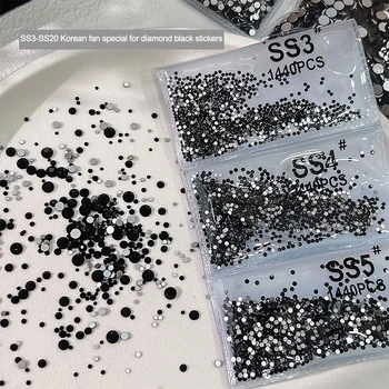 1440PCS Sparkle Pure Black Flat Back Round Diamonds Glass Nail Charms Rhinestones Decorations Manicure Art Charms Accessories 1