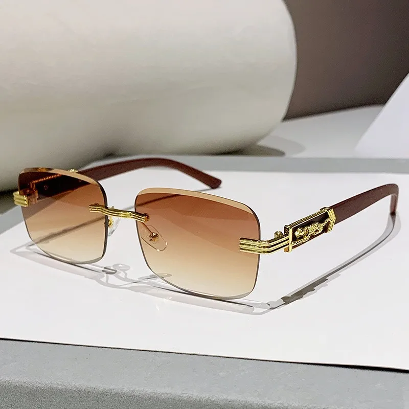 Retro Rimless Sunglasses, New Square Frame Men's Sunglasses, Trendy Leopard Car Sunglasses 90196