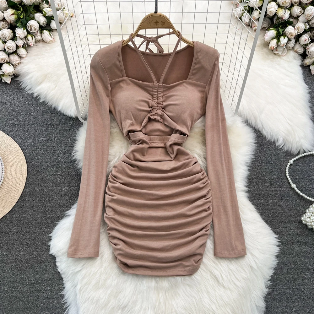 

Autumn New Fashion Girls Trendy Fake Two Piece Long Sleeve Halter Dress Women Pleated Square Neck Slim Fit Short Bodycon Dress