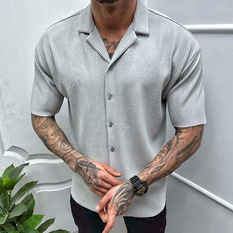 Street Trend Summer Solid Cardigan Short Sleeved Men's Stand Collar Button Patchwork Casual American Fashion Versatile Thin Tops