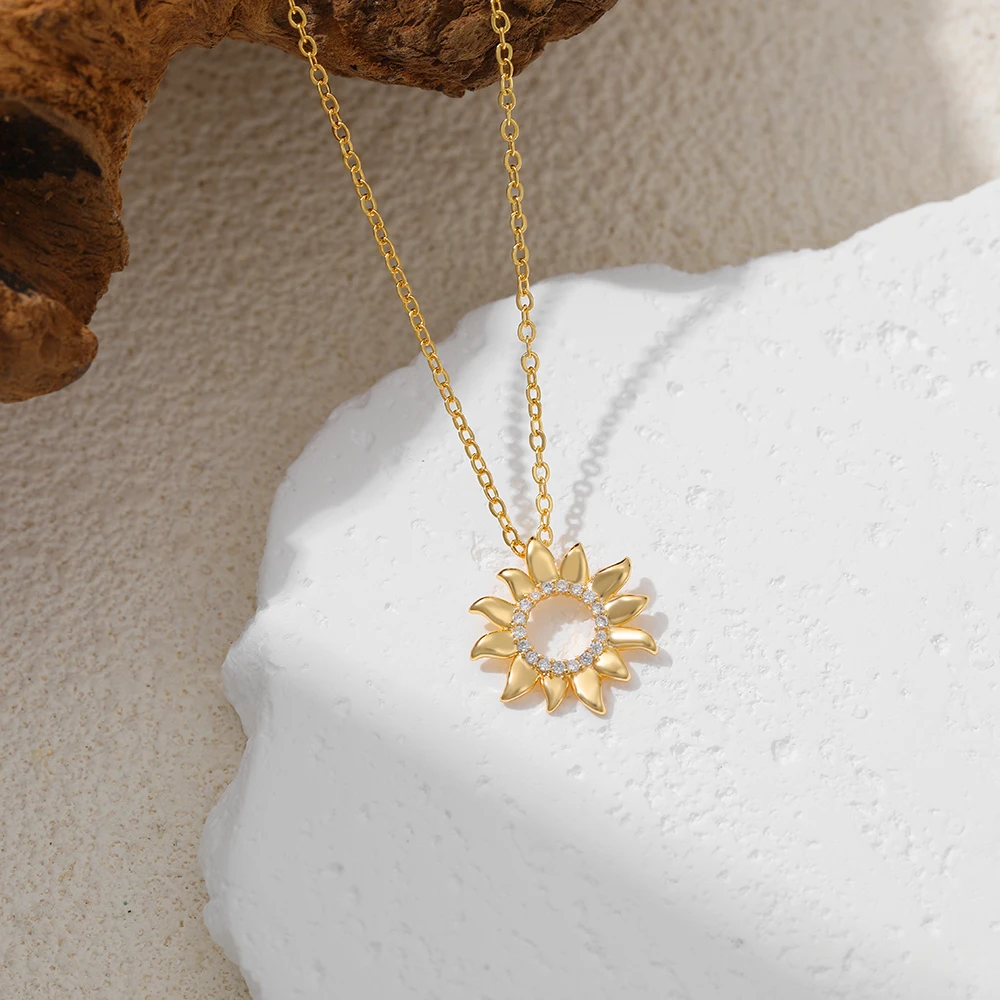Exquisite Sunflower CZ Zircon One Piece Necklace for Women 18K Gold Plated Polished Flower Pendant Choker Birthday Gifts Jewelry