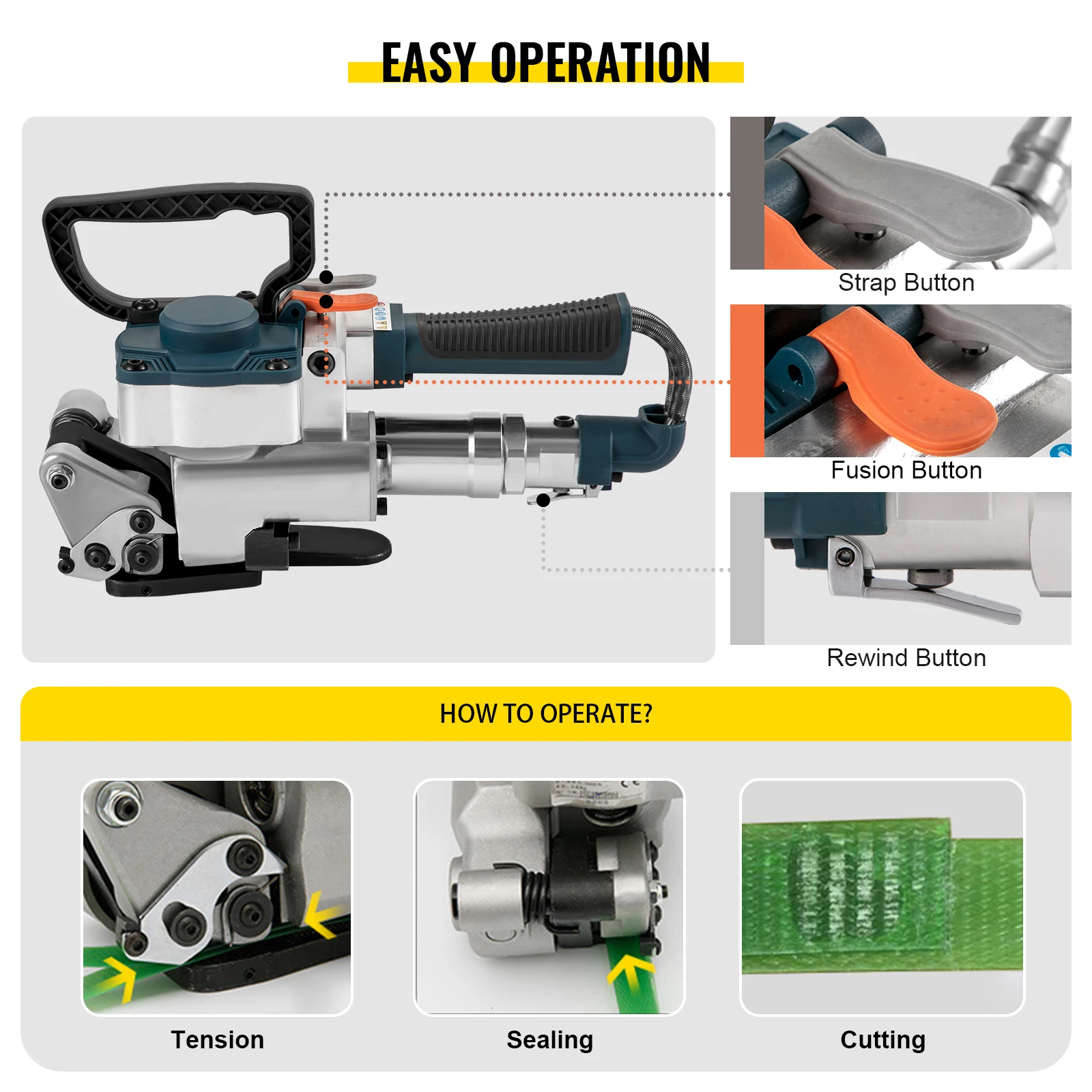 VEVOR B25 Handheld Pneumatic Strapping Machine 3500N Max Tension Hand Packing Machine Wrapping Tools for 19-25 MM PP PET Belts