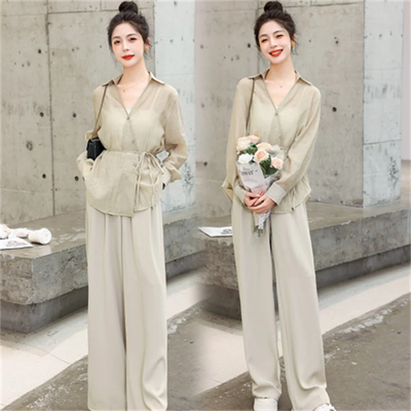 2023 Spring Clothes New Temperament Casual Foreign Style Waist Closed Professional Shirt Two-piece Women's Wide Leg Pants Suit X