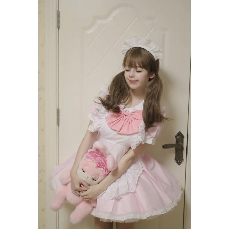 Mädchen Damen Cute Cosplay Lolita Maid Kleid mit Headband S-5XL, Schwarz/Pink/Blau/Lila/Gelb/Grün 57