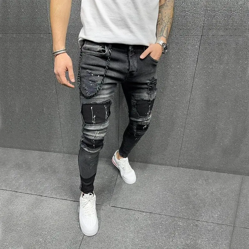 Plus Size S-3XL Men Ripped Jeans Spring Autumn Fashion Casual Washed Hole Slim Skinny Pencil Long Denim Pants Hip Hop