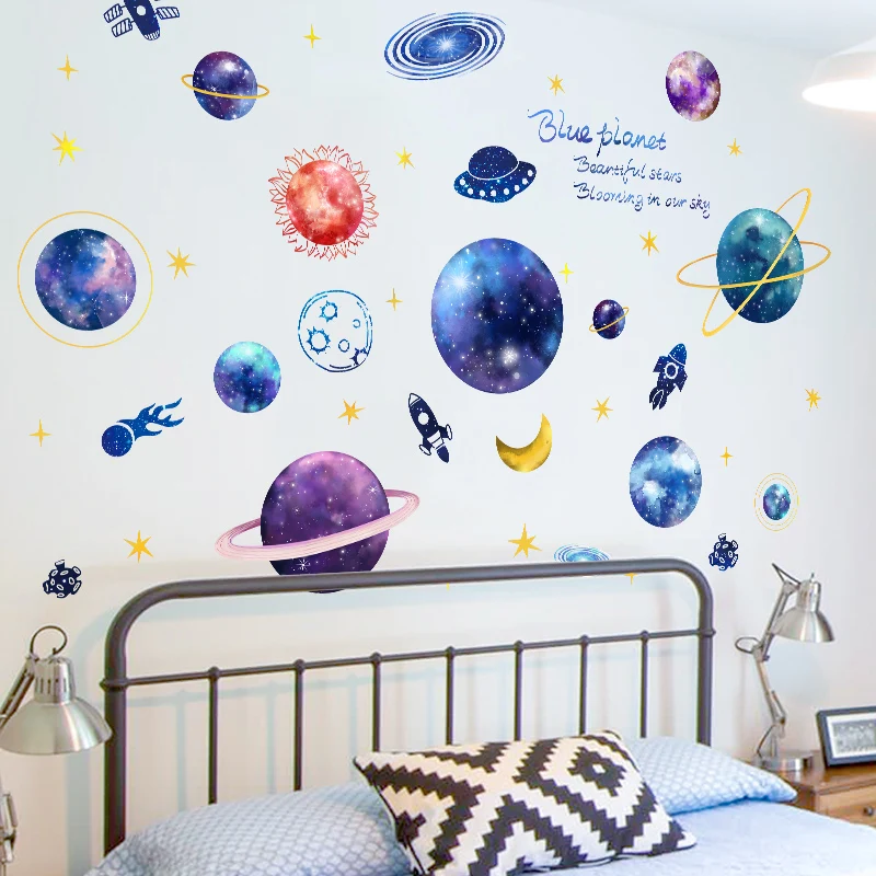 Espace de plafond Autocollants muraux Système solaire Galaxy Décalcomanies  murales pour enfants Chambre Garçons Salon Décoration -bleu
