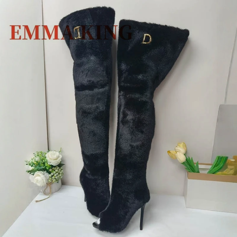 Open Toe Over the Knee Boot for Women Big Size Slip-On Fluffy Long Boot Warm Comfortable High Heels Shoes Zapatos De Mujer 35-43
