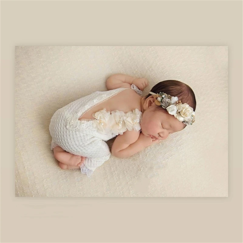 

Baby Girls Photo Clothes Sleeveless Lace Jumpsuit Newborn Costume OnePiece Romper LacePearl Headband Infant Photography Outfits