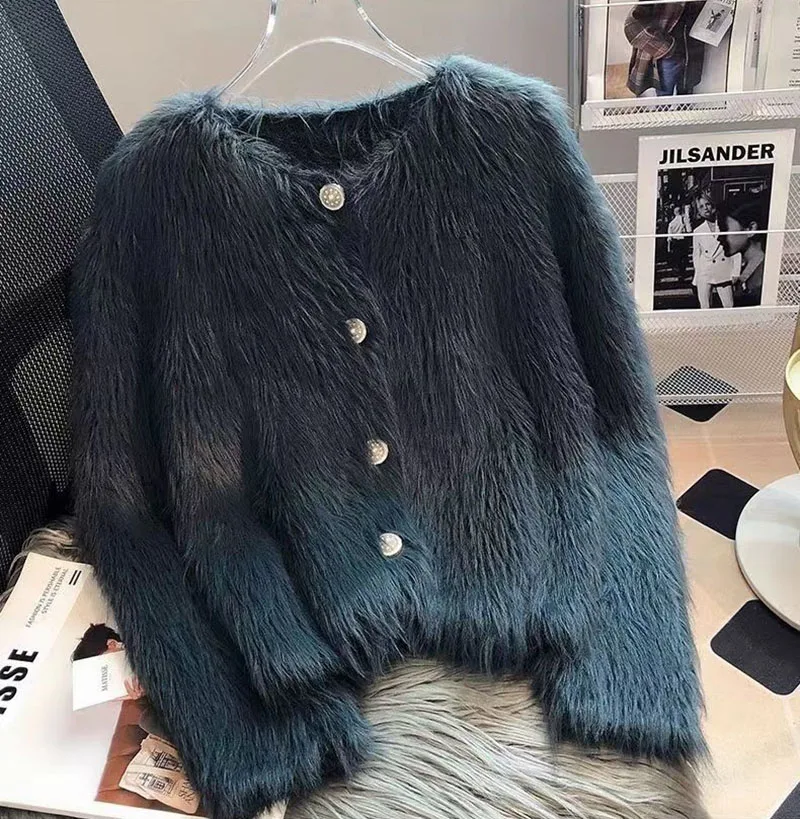 Cropped White Knitted Cardigan Women Korean Mink Cashmere Sweater Outerwear Black Long Sleeve Knitwear Winter Jumpers New