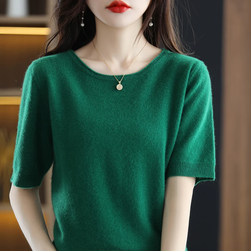

Women's Sweater 2022 New Fashion O-Neck Solid Color Jumper 100% Wool Sweater Woman Sexy Sweaters And Pullovers Short Sleeve Tops