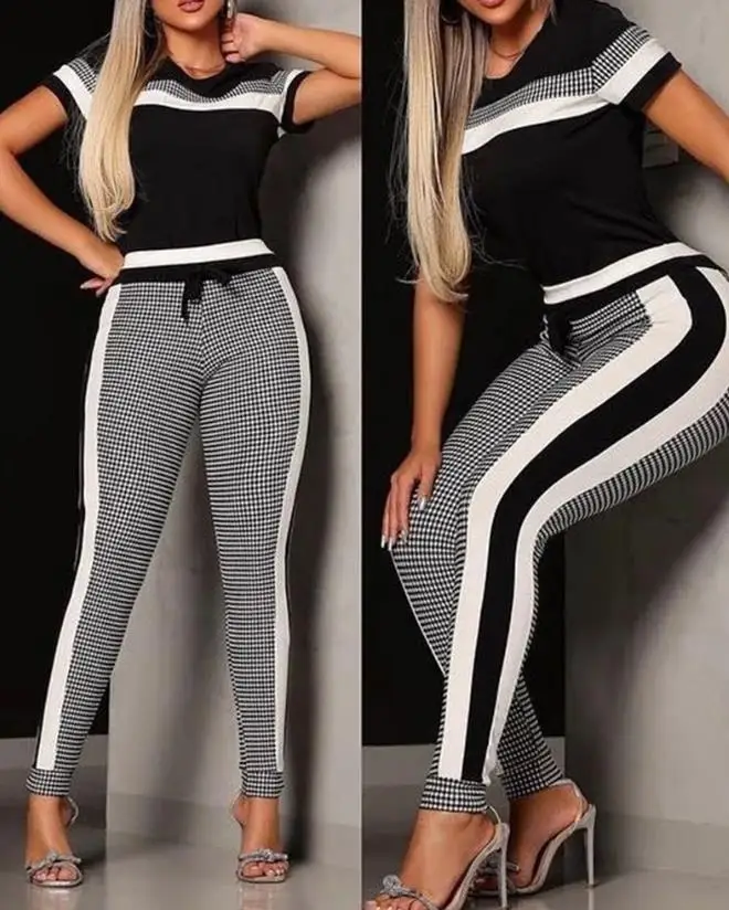 Checkered Printed Striped Top and Drawstring Pants Set, New Fashion 2023 Best-Selling Women's Round Neck Short Sleeves