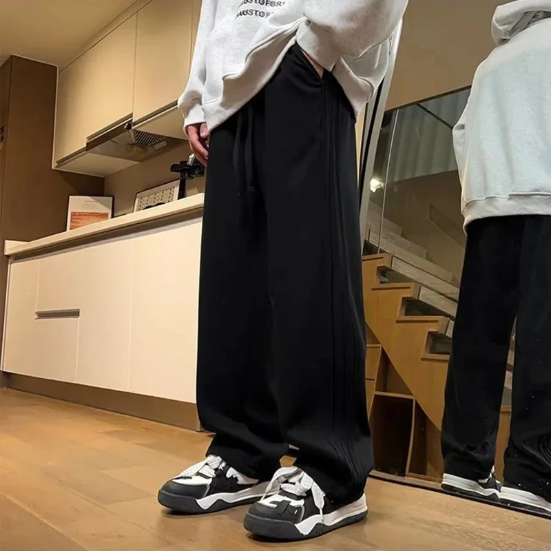 

Winter Men's Fleece Casual Pants Chill-proof Black Loose Wide-leg Fashion Simple Outdoor Warmer Men High Street Sweatpants