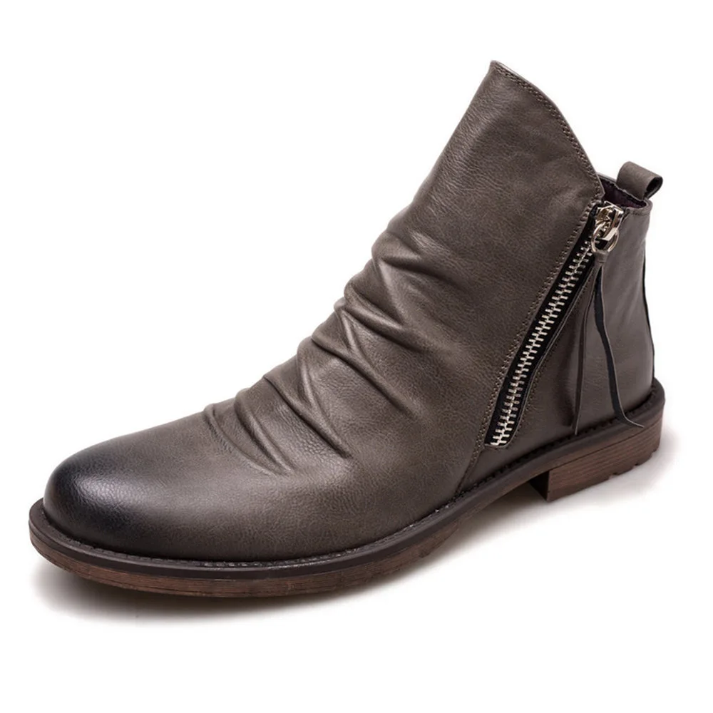 Autumn Men's Shoes Fashion Leather Boots Double Side Zipper Non-Slip Sole Casual Large Size 38-48